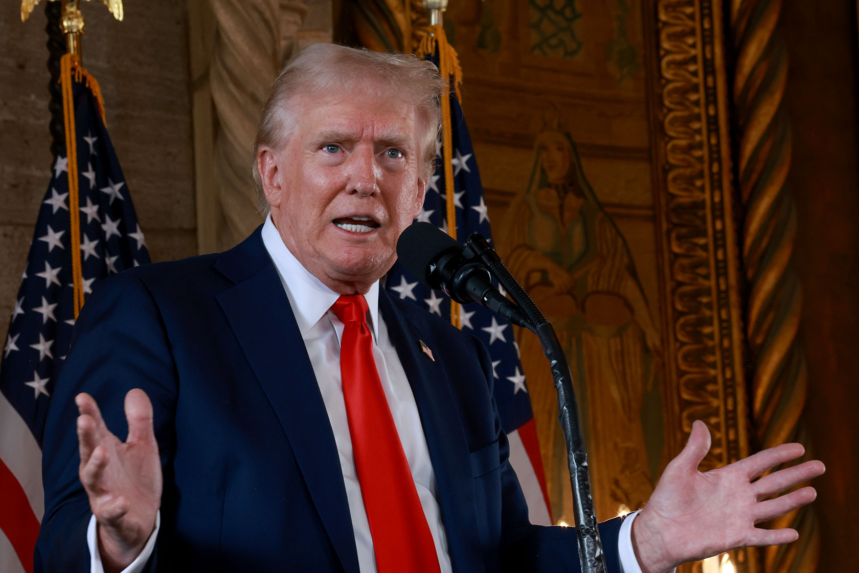 Former President Donald Trump speaks during a press conference at the Mar-a-Lago estate.